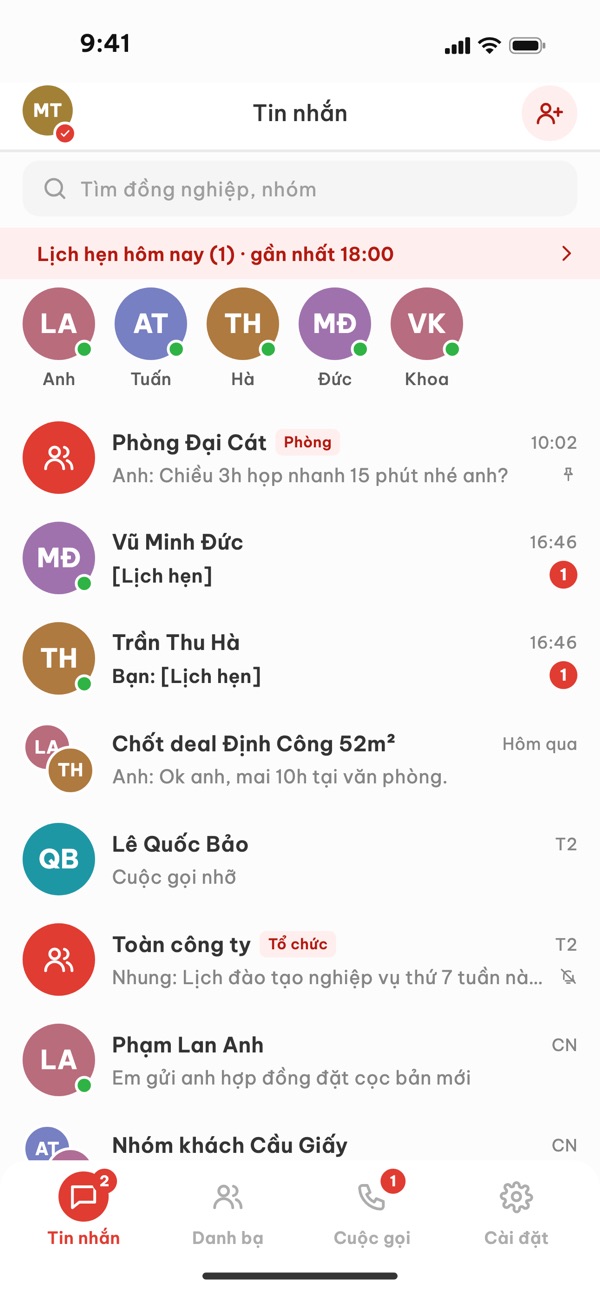 Màn hình danh sách hội thoại của Sổ Đỏ Meet