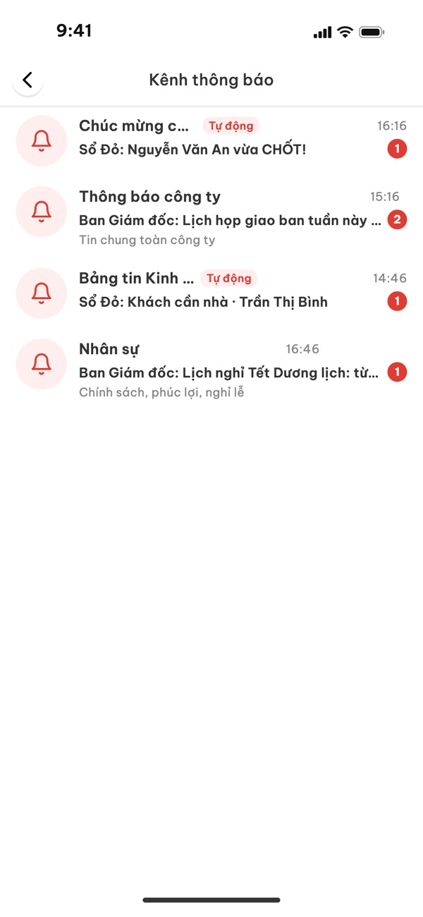 Danh sách kênh thông báo: Chúc mừng chốt, Thông báo công ty, Bảng tin, Nhân sự