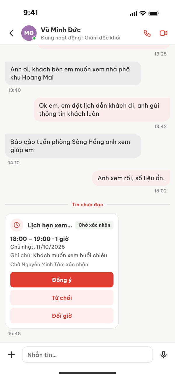 Thẻ lịch hẹn dẫn khách chờ xác nhận trong cuộc trò chuyện