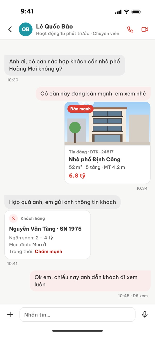 Thẻ tin đăng Sổ Đỏ giá 6,8 tỷ và thẻ khách hàng trong chat